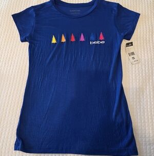 Bebe Womens Royal Blue Tee with Colorful Pine Tree Design, Size M
